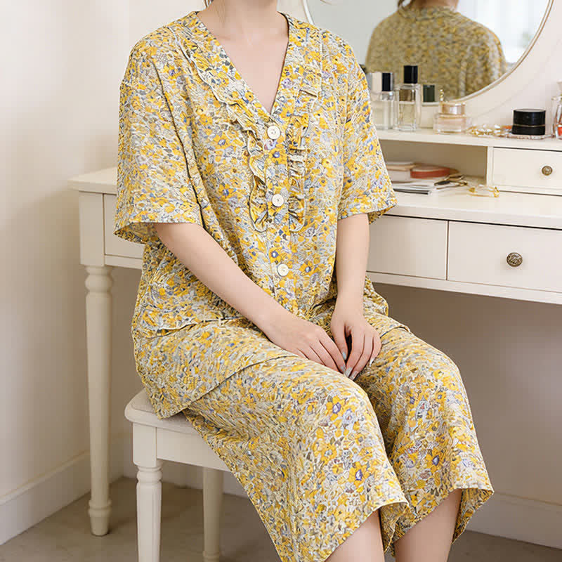 Ownkoti Yellow Floral Cotton Ruffle Loungewear Set - image 1