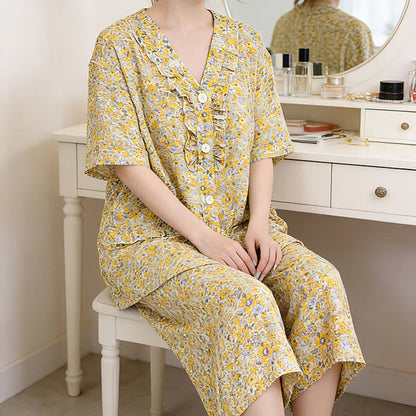 Ownkoti Yellow Floral Cotton Ruffle Loungewear Set - image 1