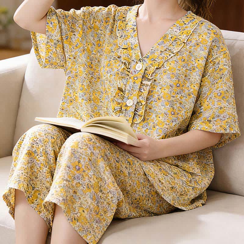Ownkoti Yellow Floral Cotton Ruffle Loungewear Set - image 2
