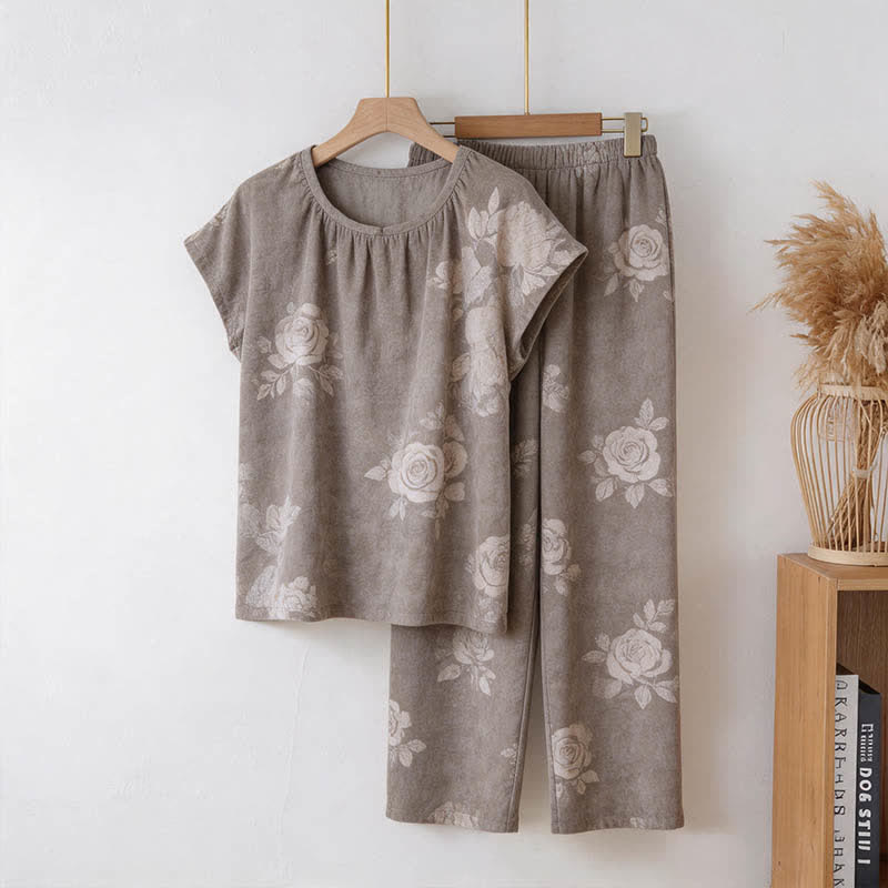 Ownkoti Retro Floral Cotton Pajama Set - Light Gray - 3XL - image 0