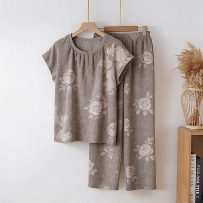 Ownkoti Retro Floral Cotton Pajama Set - Light Gray - 3XL - image 0