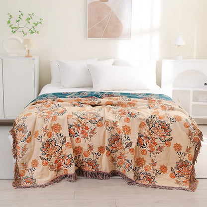 Ownkoti Tassel Reversible Floral Cotton Quilt Blanket - Orange - Queen - image 1
