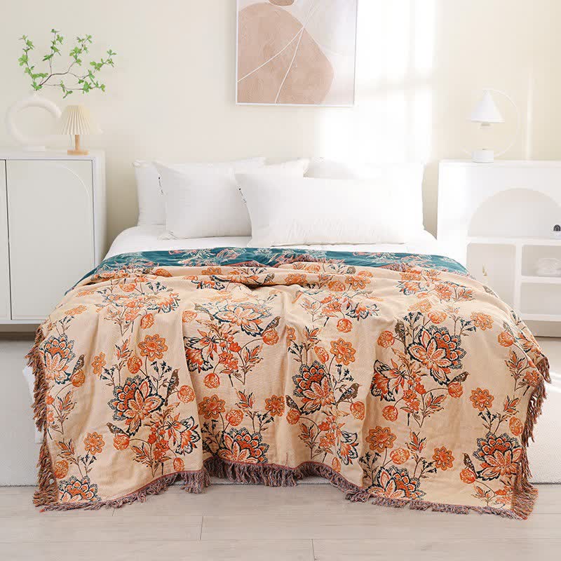 Ownkoti Tassel Reversible Floral Cotton Quilt Blanket - Orange - Queen - image 0