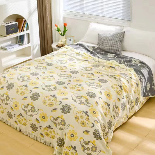 Ownkoti Teapot Floral Cotton Gauze Quilt Blanket - Yellow - Queen - image 0