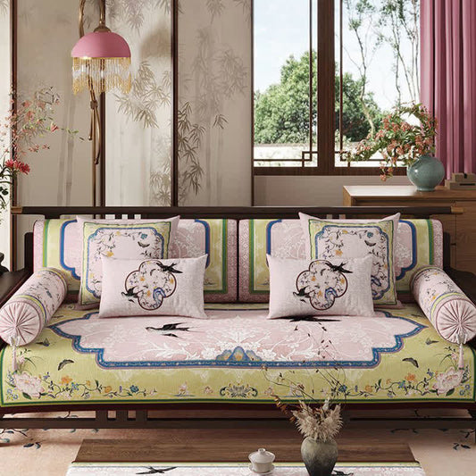 Ownkoti Oriental Lotus & Bird Print Sofa Protector - Pink - Throw Pillow - 12" x 19" - image 0