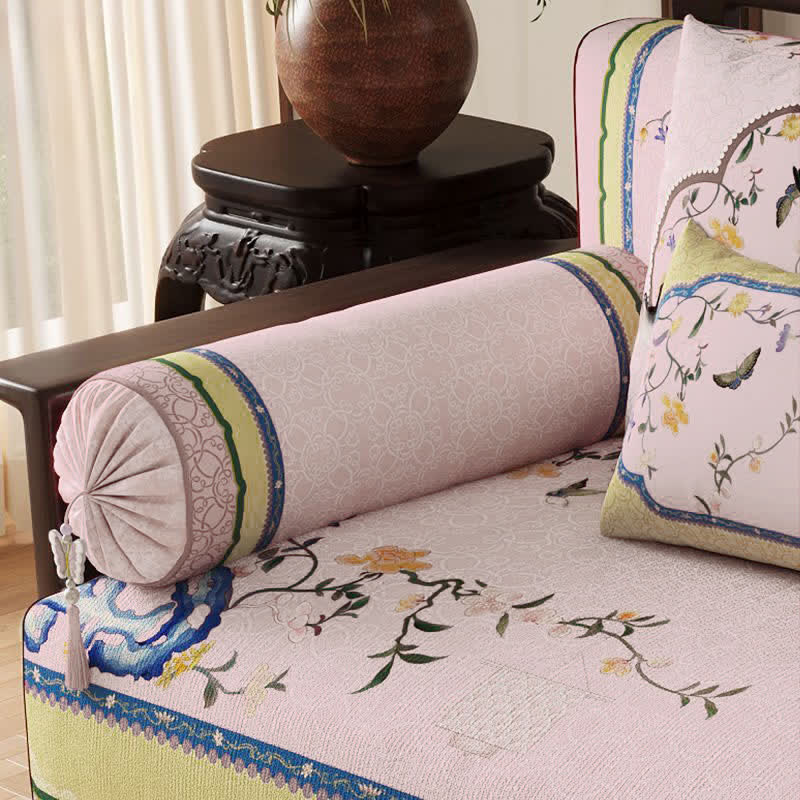 Ownkoti Oriental Butterfly & Branch Print Sofa Protector - Pink - Bolster Pillow - 23" x 6" - image 3