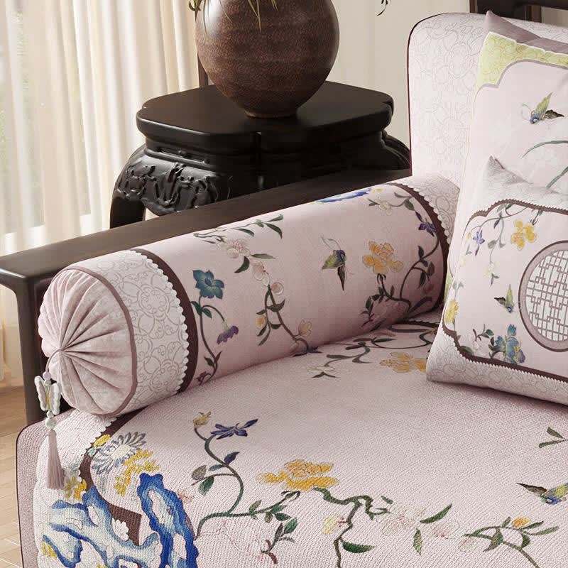 Ownkoti Vintage Oriental Lotus Flower Sofa Protector - Pink - Bolster Pillow - 23" x 6" - image 3