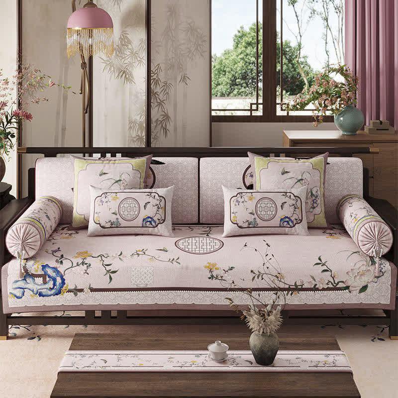 Ownkoti Vintage Oriental Lotus Flower Sofa Protector - Pink - Throw Pillow - 12" x 19" - image 0