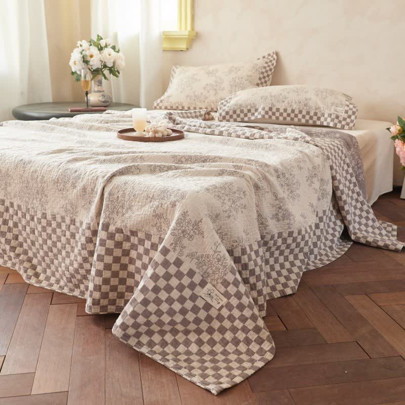 Ownkoti Floral Checkerboard Cotton Gauze Quilt Blanket - image 1