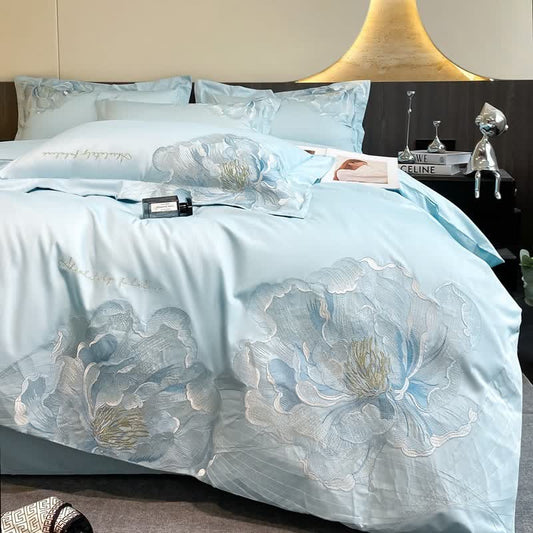 Ownkoti Luxury Peony Embroidered Cotton Bedding Set(4PCS) - Blue - King - image 0