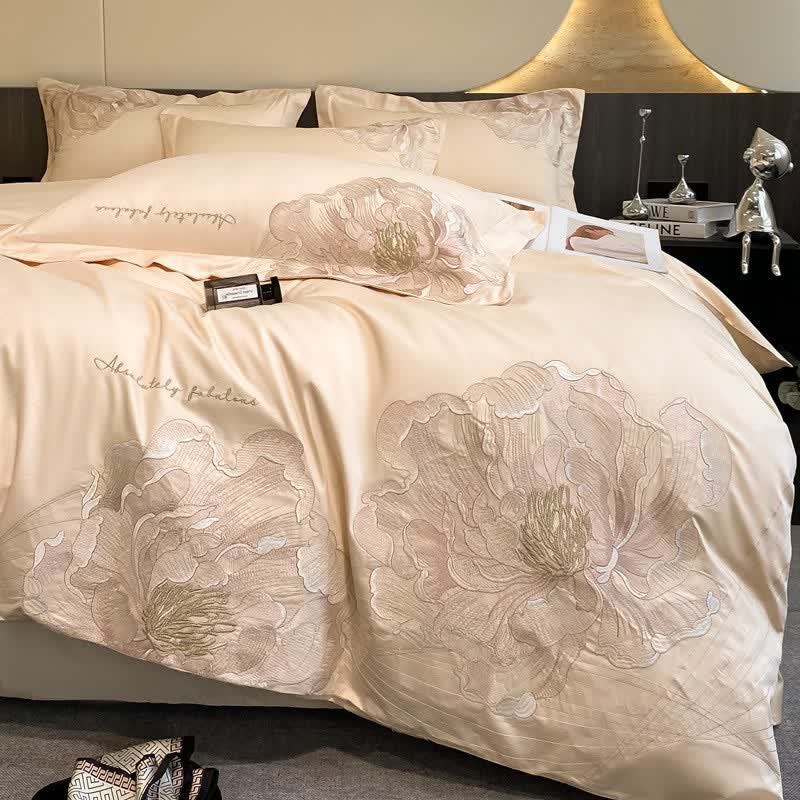 Ownkoti Luxury Peony Embroidered Cotton Bedding Set(4PCS) - Beige - King - image 9