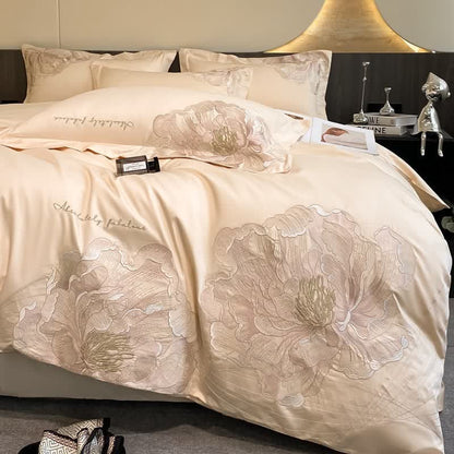 Ownkoti Luxury Peony Embroidered Cotton Bedding Set(4PCS) - Beige - King - image 9