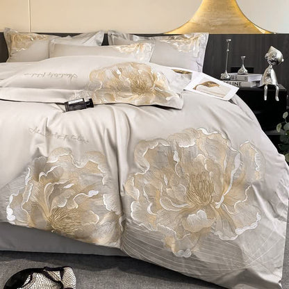 Ownkoti Luxury Peony Embroidered Cotton Bedding Set(4PCS) - Gray - King - image 4