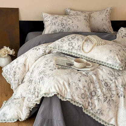 Ownkoti Botanical Bedding With Scalloped Lace Edging - Gray - Bedding Set - King - image 0