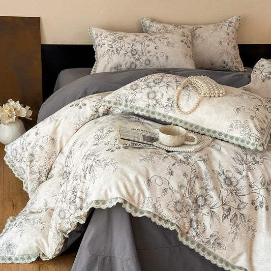 Ownkoti Botanical Bedding With Scalloped Lace Edging - Gray - Bedding Set - King - image 0