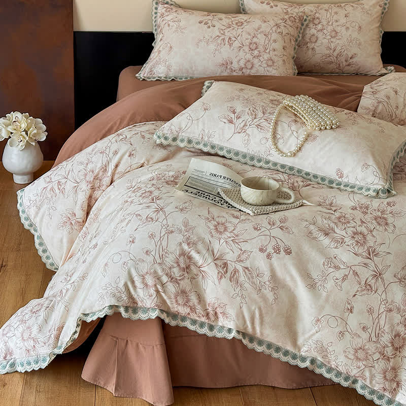 Ownkoti Botanical Bedding With Scalloped Lace Edging - Coffee - Bedding Set - King - image 3