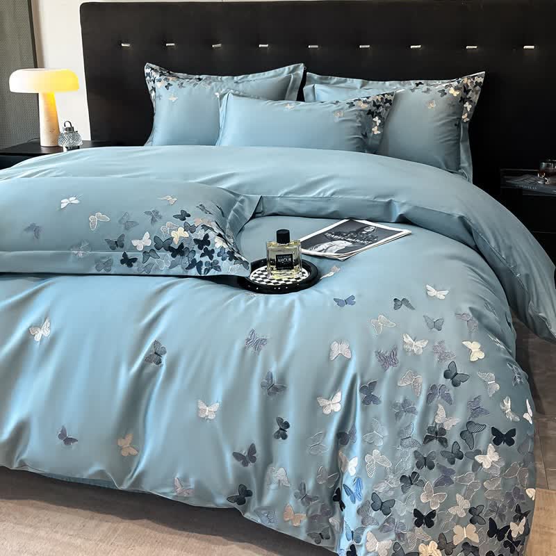 Ownkoti Butterfly Embroidered Pure Cotton Bedding Set(4PCS) - Blue - King - image 0