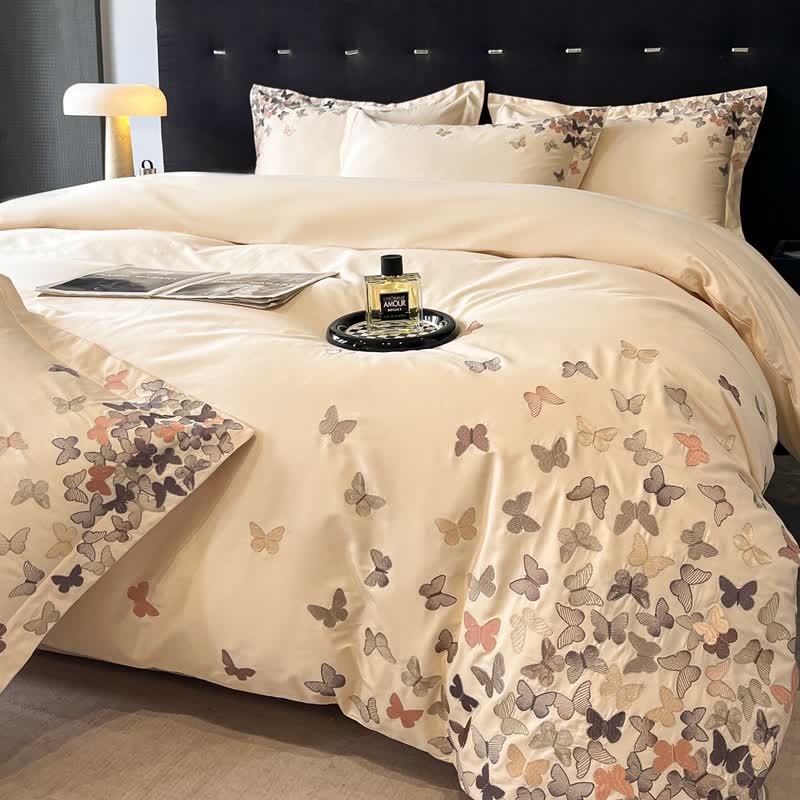Ownkoti Butterfly Embroidered Pure Cotton Bedding Set(4PCS) - Light Yellow - King - image 8
