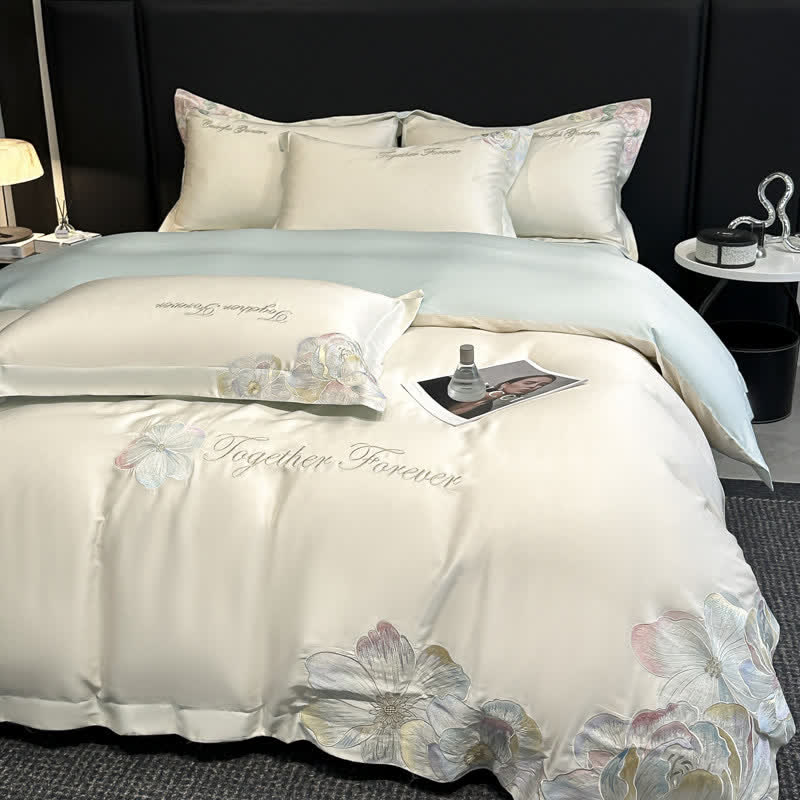 Ownkoti Luxury Floral Embroidered Cotton Bedding Set(4PCS) - White & Blue - King - image 2