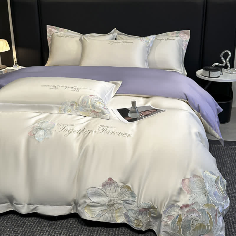 Ownkoti Luxury Floral Embroidered Cotton Bedding Set(4PCS) - White & Purple - King - image 4