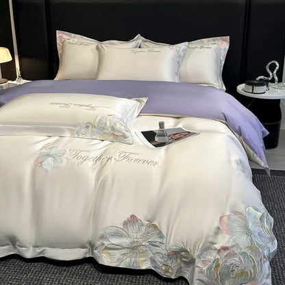 Ownkoti Luxury Floral Embroidered Cotton Bedding Set(4PCS) - White & Purple - King - image 4