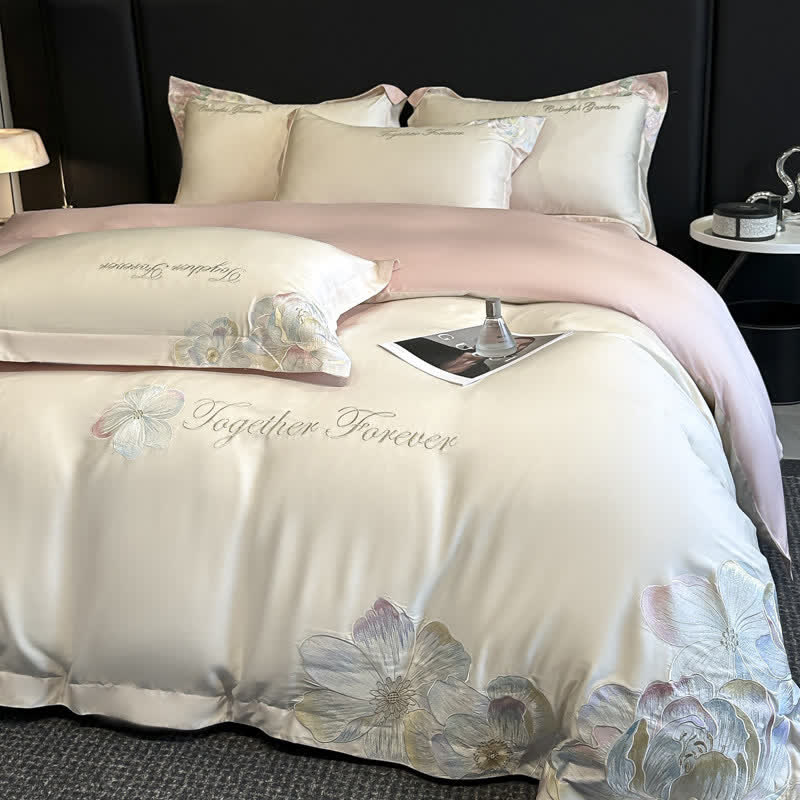 Ownkoti Luxury Floral Embroidered Cotton Bedding Set(4PCS) - White & Pink - King - image 0