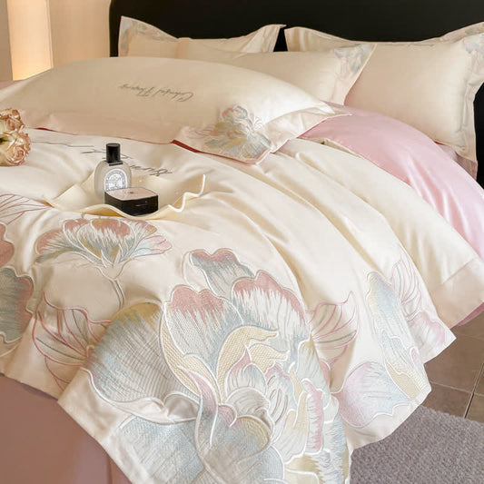 Ownkoti Gradient Floral Embroidered Cotton Bedding Set(4PCS) - Beige - King - image 0