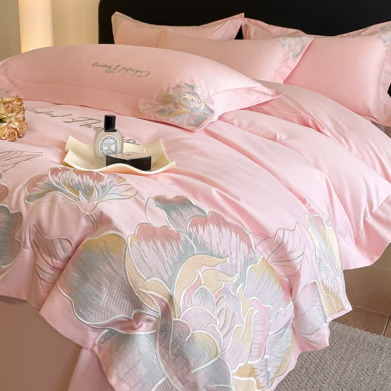 Ownkoti Gradient Floral Embroidered Cotton Bedding Set(4PCS) - Pink - King - image 16