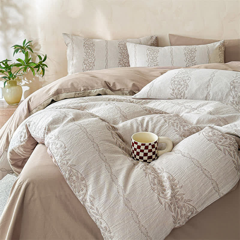 Ownkoti Yarn-Dyed Jacquard Cotton Gauze Bedding Set(4PCS) - Coffee - King - image 15
