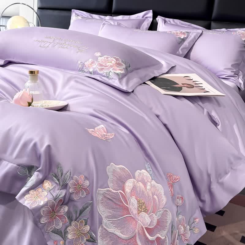 Ownkoti Floral & Butterfly Embroidered Cotton Bedding Set(4PCS) - Purple - King - image 2