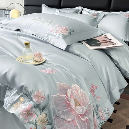 Ownkoti Floral & Butterfly Embroidered Cotton Bedding Set(4PCS) - Light Blue - King - image 5