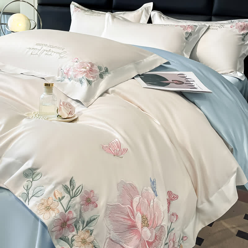 Ownkoti Floral & Butterfly Embroidered Cotton Bedding Set(4PCS) - White & Blue - King - image 3