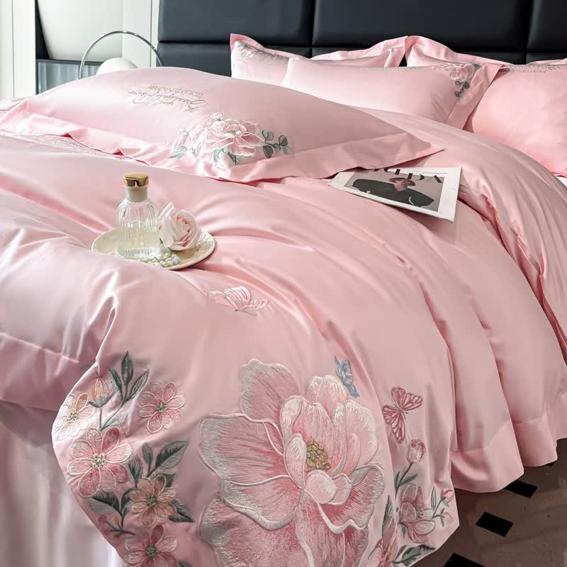 Ownkoti Floral & Butterfly Embroidered Cotton Bedding Set(4PCS) - Pink - King - image 9