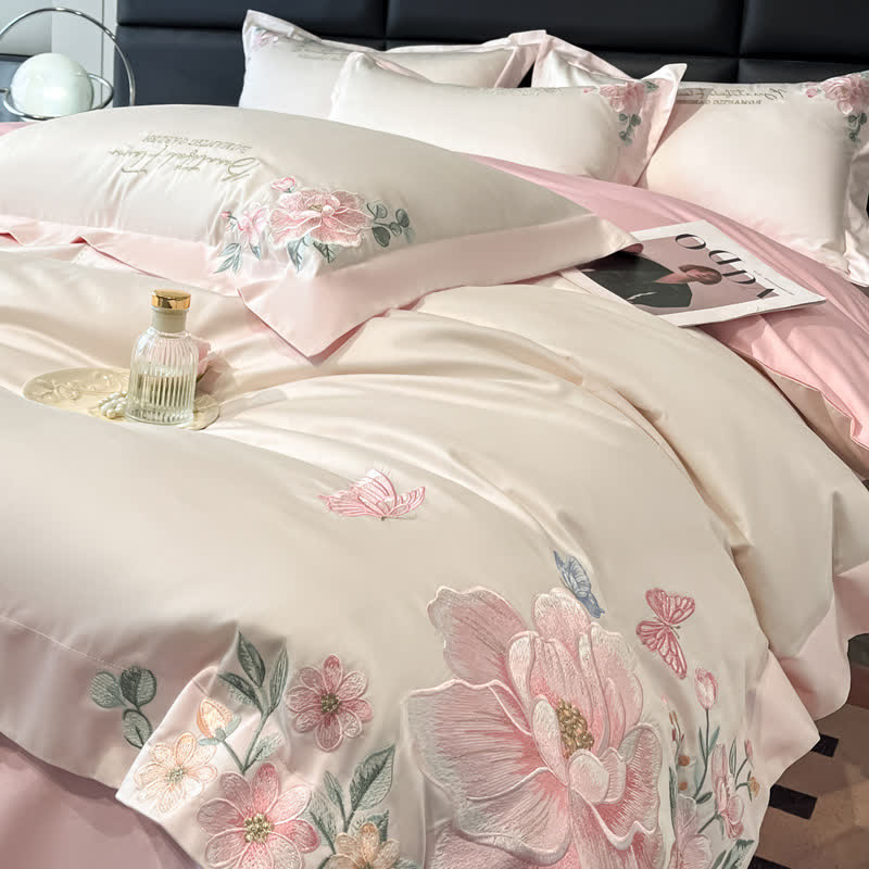 Ownkoti Floral & Butterfly Embroidered Cotton Bedding Set(4PCS) - White & Pink - King - image 0