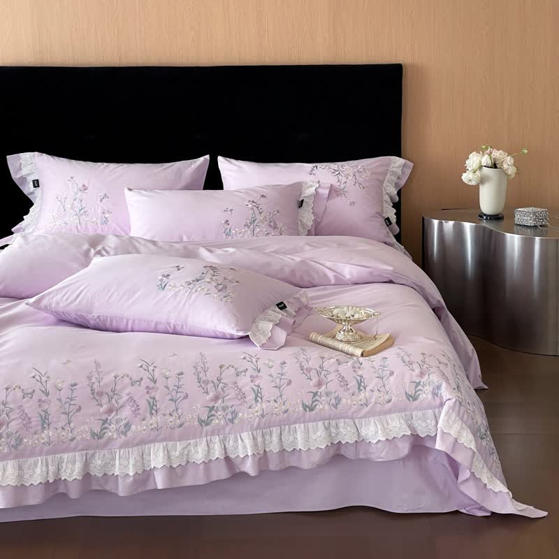 Ownkoti Wildflower Embroidery Ruffled Lace Cotton Bedding(4PCS) - Purple - King - image 0