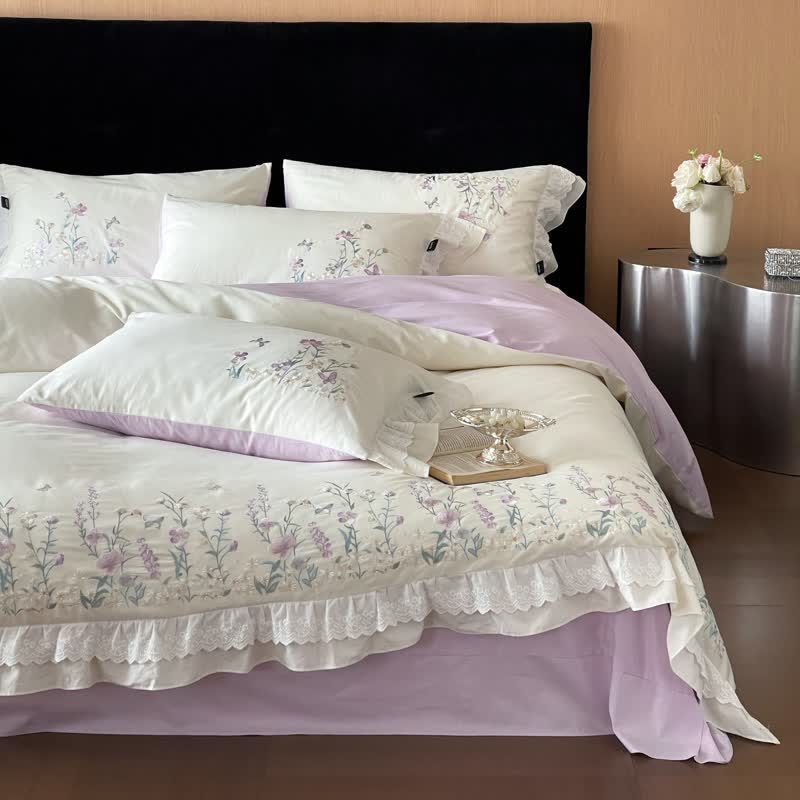 Ownkoti Wildflower Embroidery Ruffled Lace Cotton Bedding(4PCS) - White - King - image 9