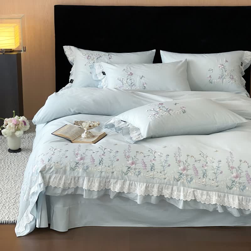 Ownkoti Wildflower Embroidery Ruffled Lace Cotton Bedding(4PCS) - Blue - King - image 3
