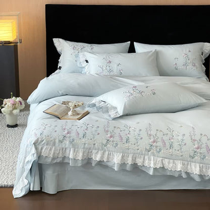 Ownkoti Wildflower Embroidery Ruffled Lace Cotton Bedding(4PCS) - Blue - King - image 3