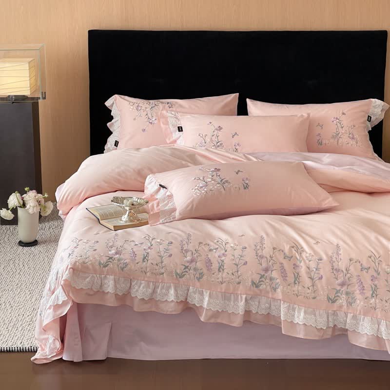 Ownkoti Wildflower Embroidery Ruffled Lace Cotton Bedding(4PCS) - Pink - King - image 1