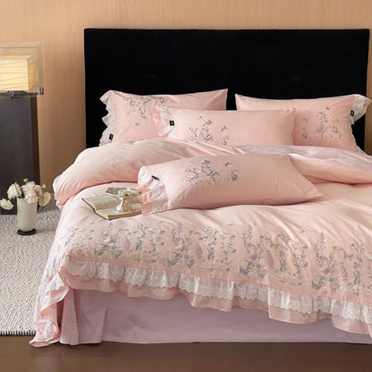 Ownkoti Wildflower Embroidery Ruffled Lace Cotton Bedding(4PCS) - Pink - King - image 1