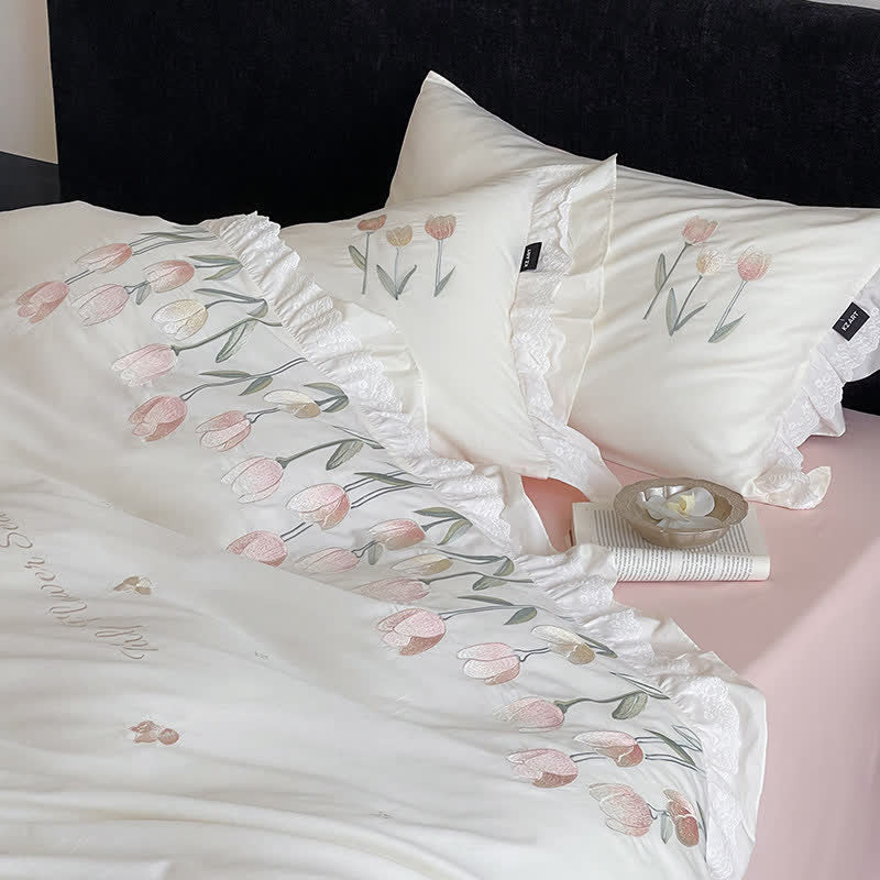 Ownkoti Tulip Embroidery Ruffled Lace Cotton Bedding(4PCS) - image 6