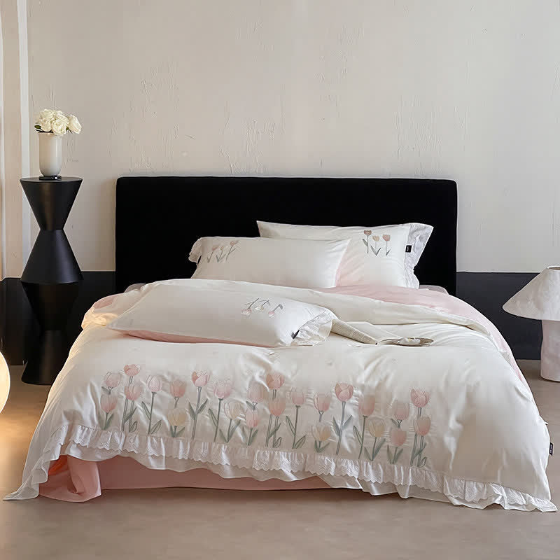 Ownkoti Tulip Embroidery Ruffled Lace Cotton Bedding(4PCS) - image 1