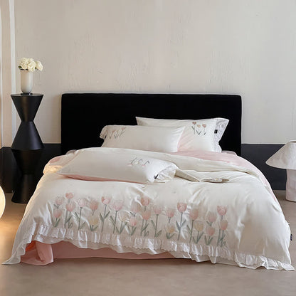 Ownkoti Tulip Embroidery Ruffled Lace Cotton Bedding(4PCS) - image 1