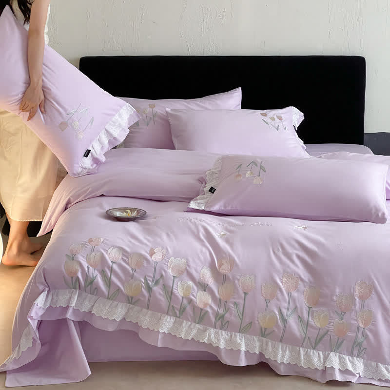 Ownkoti Tulip Embroidery Ruffled Lace Cotton Bedding(4PCS) - image 19