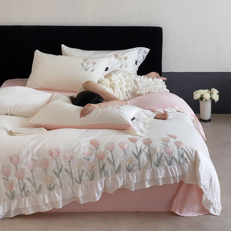 Ownkoti Tulip Embroidery Ruffled Lace Cotton Bedding(4PCS) - image 2