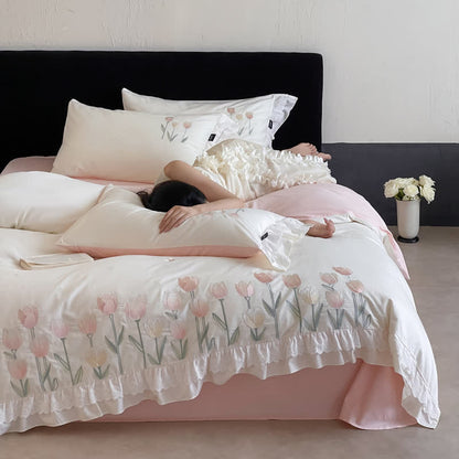 Ownkoti Tulip Embroidery Ruffled Lace Cotton Bedding(4PCS) - image 2