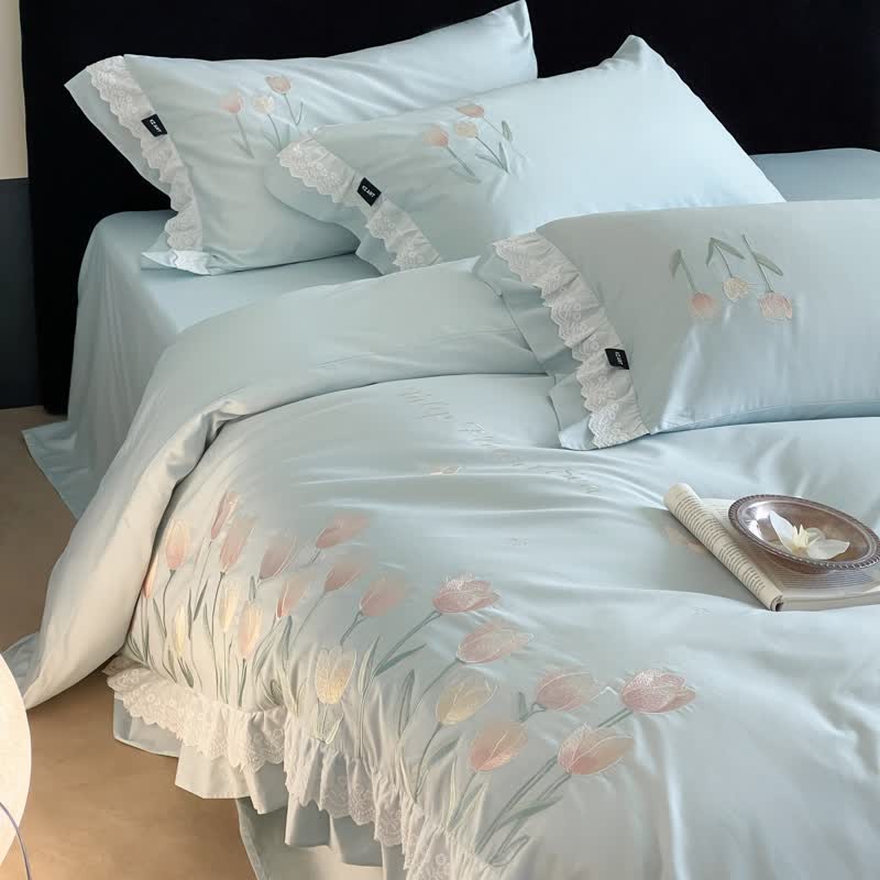 Ownkoti Tulip Embroidery Ruffled Lace Cotton Bedding(4PCS) - image 15