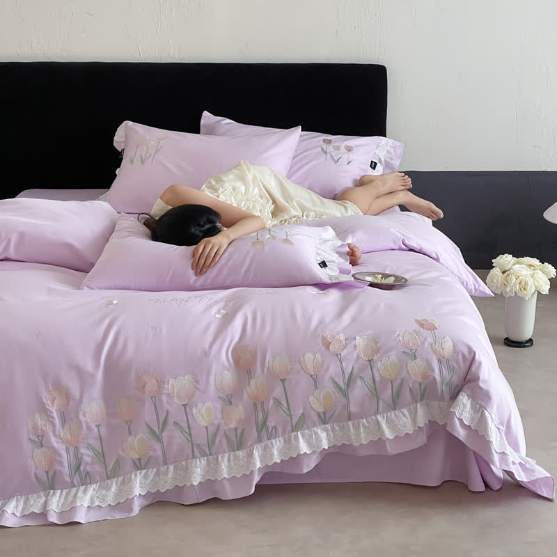 Ownkoti Tulip Embroidery Ruffled Lace Cotton Bedding(4PCS) - Purple - King - image 17