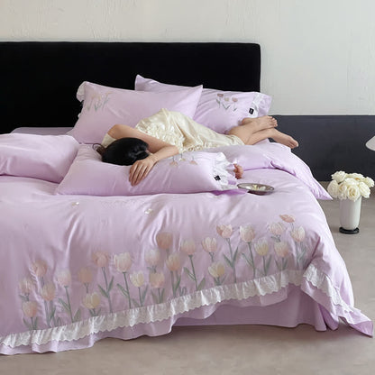 Ownkoti Tulip Embroidery Ruffled Lace Cotton Bedding(4PCS) - Purple - King - image 17