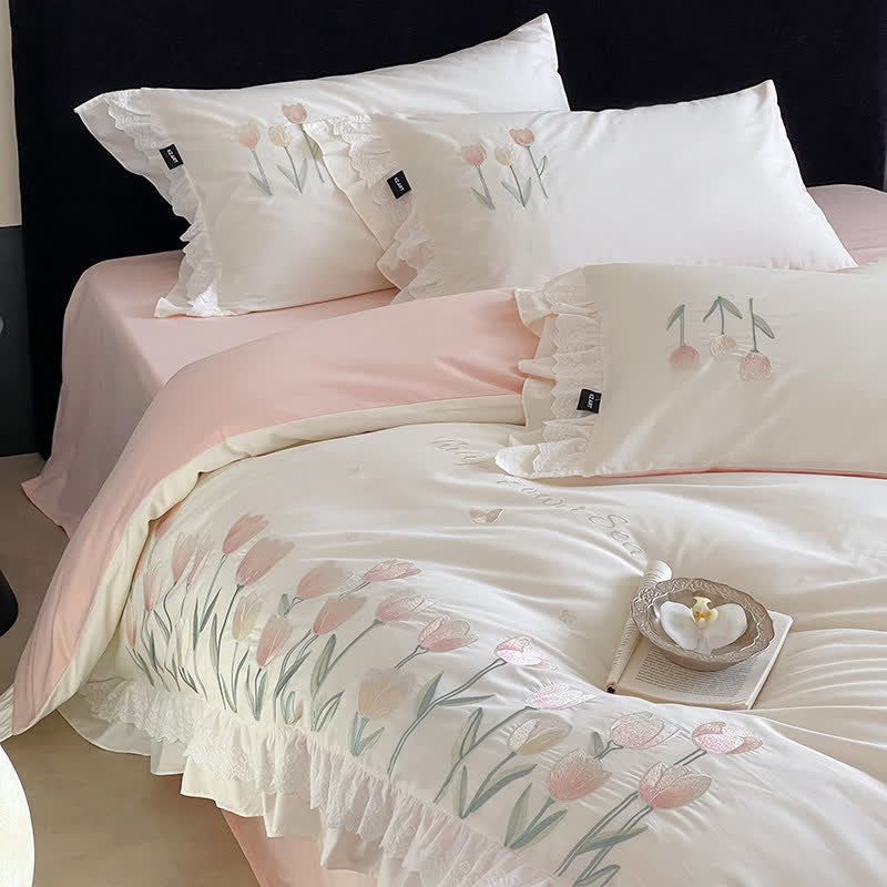 Ownkoti Tulip Embroidery Ruffled Lace Cotton Bedding(4PCS) - image 4